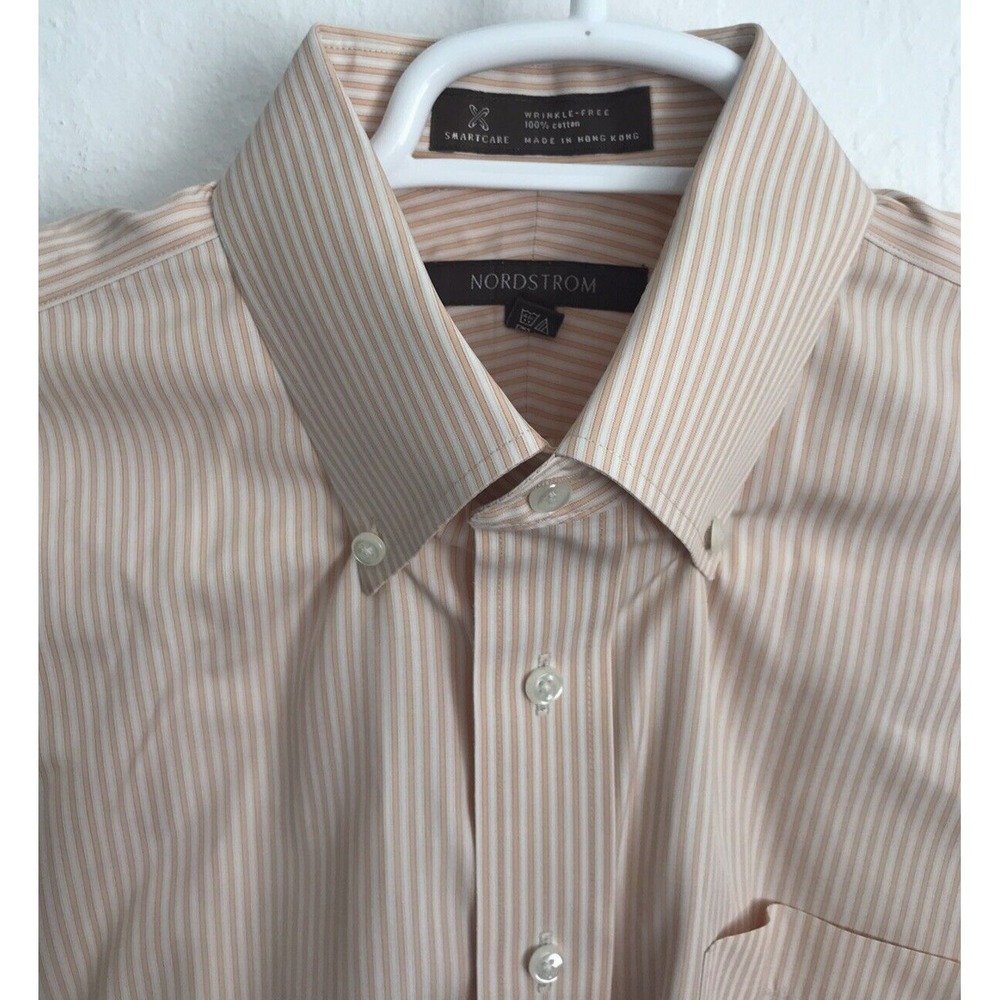 Nordstrom Mens Shop Dress Shirt Stripe 15.5/33 Smartcare Wrinkle Free Orange